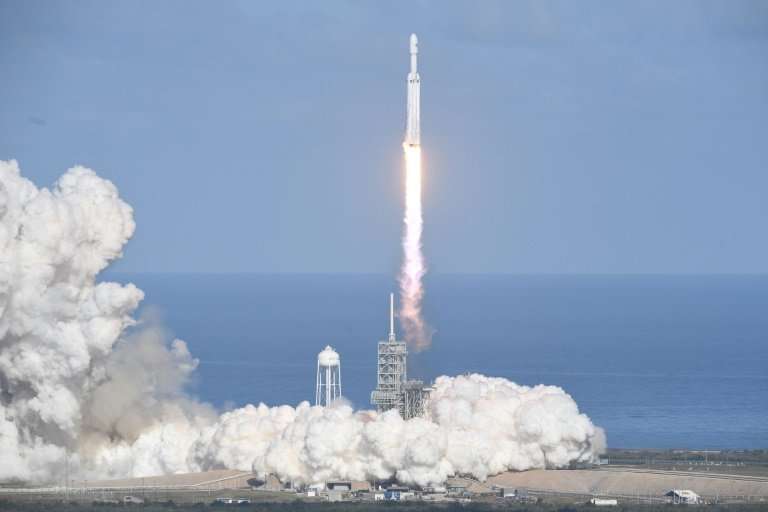 The SpaceX Falcon Heavy takes off from Pad 39A at the Kennedy Space Center in Florida, on February 6, 2018