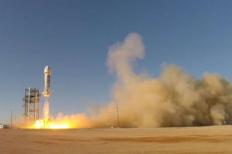 This image obtained November 24, 2015 from Bezos's space firm Blue Origin, shows the world's first reusable rocket as it flies f