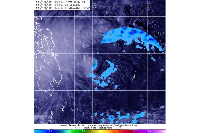 GPM satellite sees light rain occurring in Tropical Depression 33W's eastern side