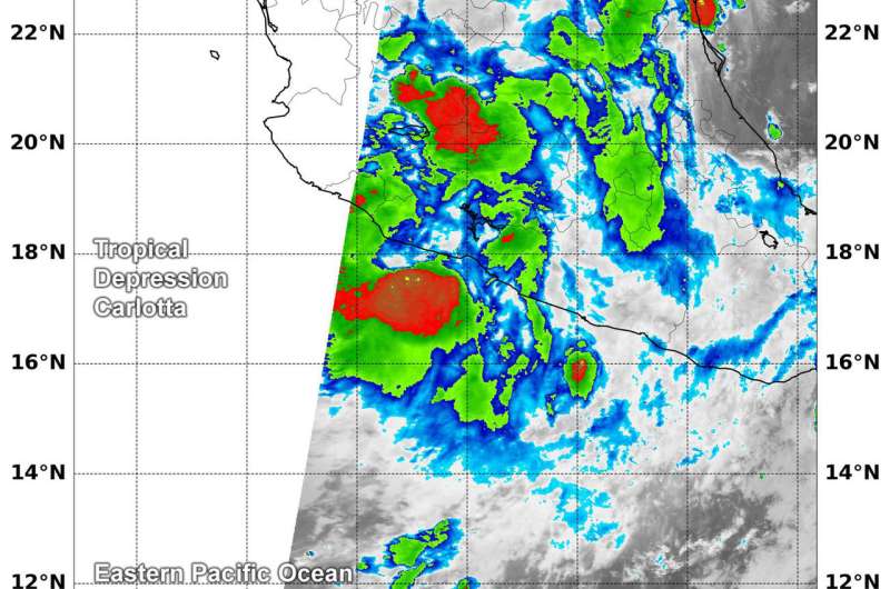NASA finds Tropical Depression Carlotta's strong storms over Mexico, Eastern Pacific