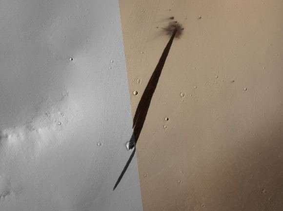 A meteoroid smashed into the side of a crater on mars and then started a landslide