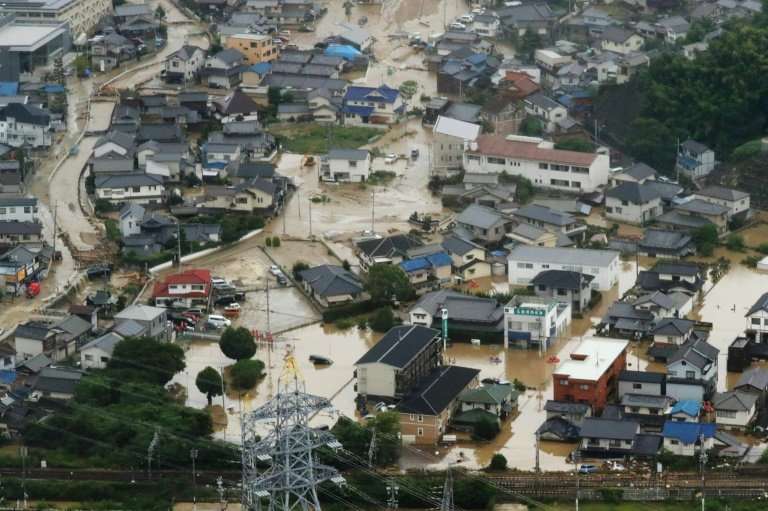 An aerial view of flooded houses in Japan's Hiroshima prefecture