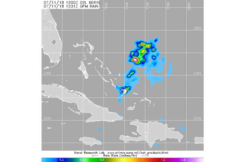 NASA's GPM finds Beryl's remnants raining on the Bahamas