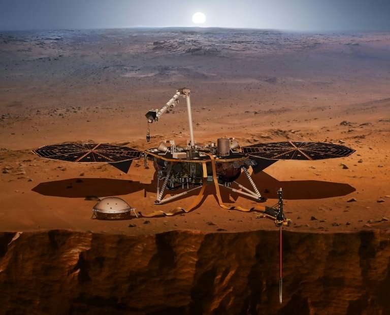 The InSight lander, seen here in a NASA handout illustration, is designed to monitor quakes on the surface of Mars