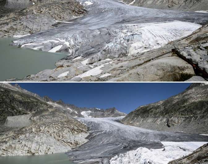 This combination created on October 8, 2018, shows (TOP) the Rhone Glacier, near Gletsch on July 14, 2015 and (BOTTOM) the same 