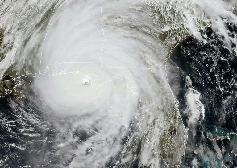 This NOAA/RAMMB satellite image shows Hurricane Michael as it approaches land near the US Gulf Coast