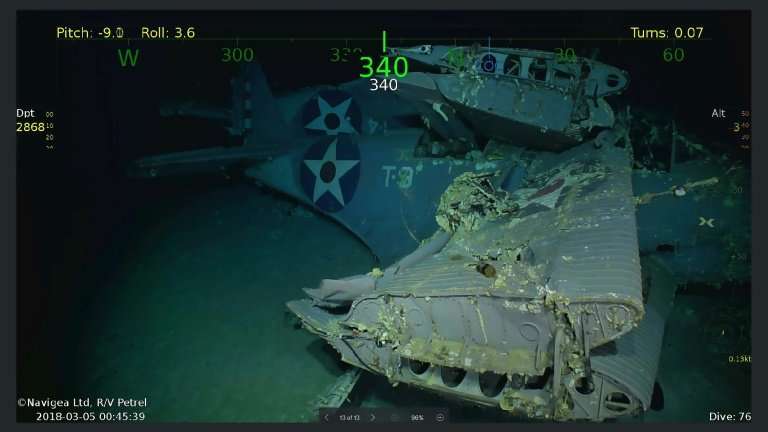 Handout photo obtained March 5, 2018 courtesy of Microsoft co-founder Paul G. Allen showing wreckage from the USS Lexington airc