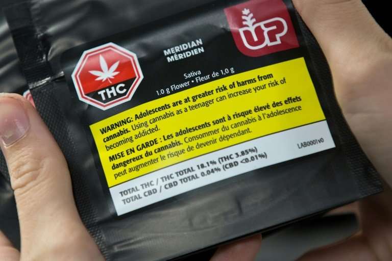 Aa warning label on 1gram of cannabis is seen at Up's cannabis factory in Lincoln, Ontario