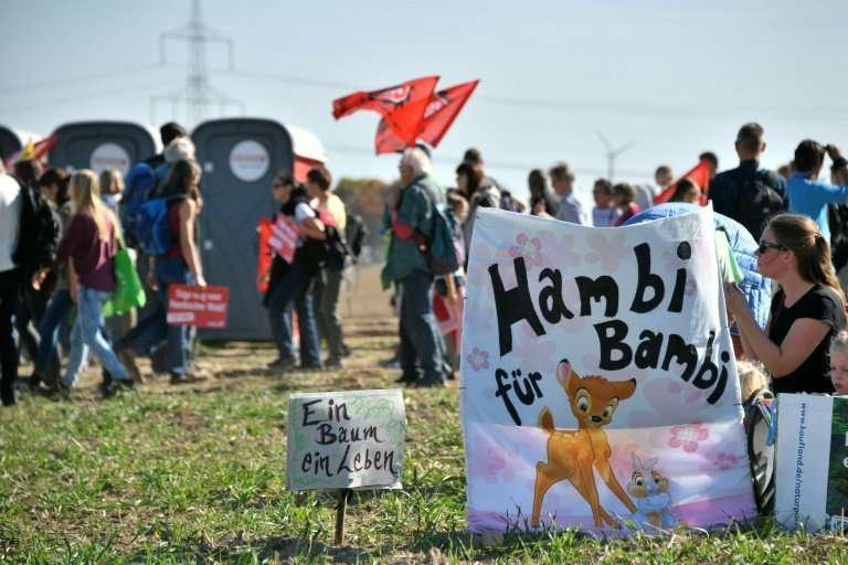 A banner reads &quot;Hambi for Bambi&quot; as thousands of demonstrators gather to celebrate the suspension of the planned razin