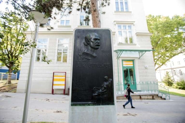 维也纳综合医院为先驱科学家伊格纳兹·塞梅尔维斯设立的纪念牌，在那里他与同行们进行了斗争
