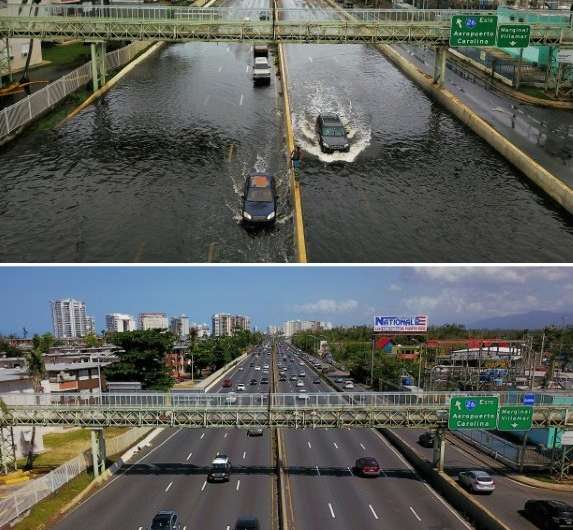 A flooded highway in San Juan, Puerto Rico on  September 21, 2017, in the immediate aftermath of Hurrican Maria (above), and six