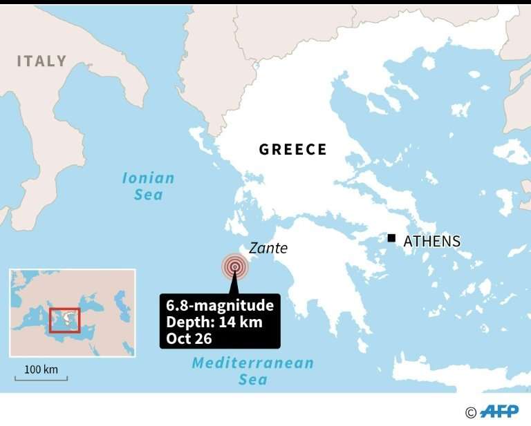 A map locating the 6.8 magnitude earthquake in Greece