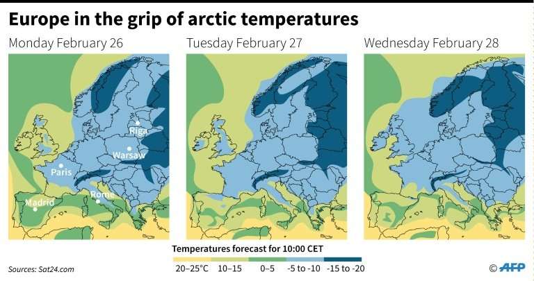 A map with forecasts of below-freezing temperatures in northern Europe for Monday, Tuesday and Wednesday