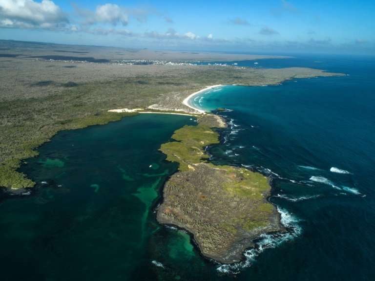 An aerial view of the Tortuga Bay area in Santa Cruz Island, Galapagos, Ecuador—a popular tourist destination, but one which can