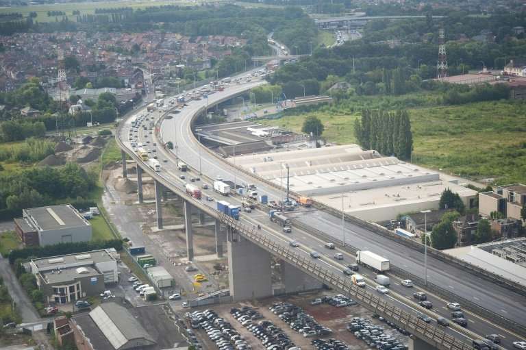 An arial view shows repair work on the Vilvoorde viaduct on the ring road in Brussels