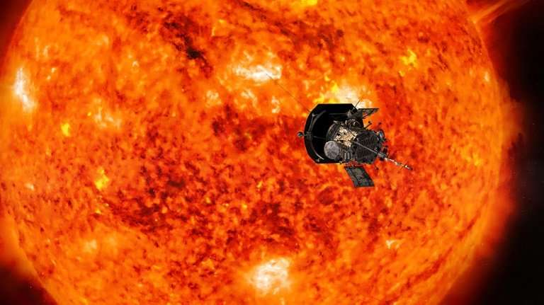 An artist's conception of NASA's Parker Solar Probe, the spacecraft that will fly through the Sun's corona to trace how energy a