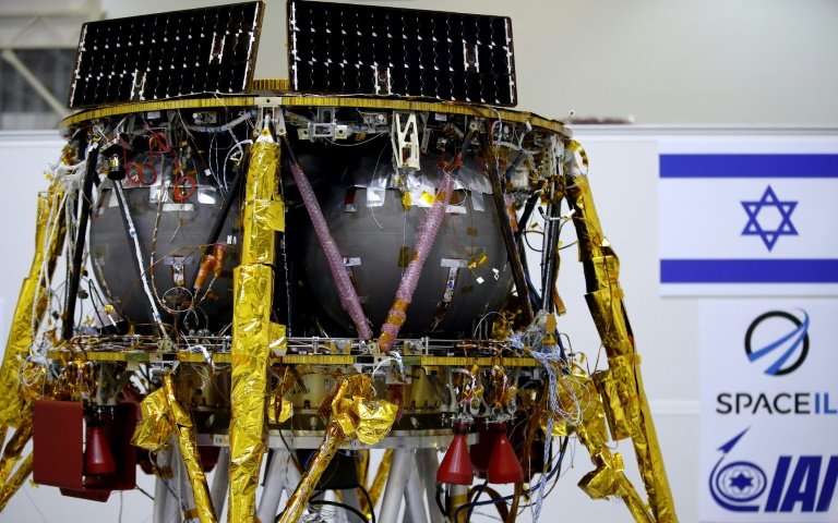 An Israeli Aerospace Industries space probe is displayed during a Tel Aviv press conference on July 10, 2018