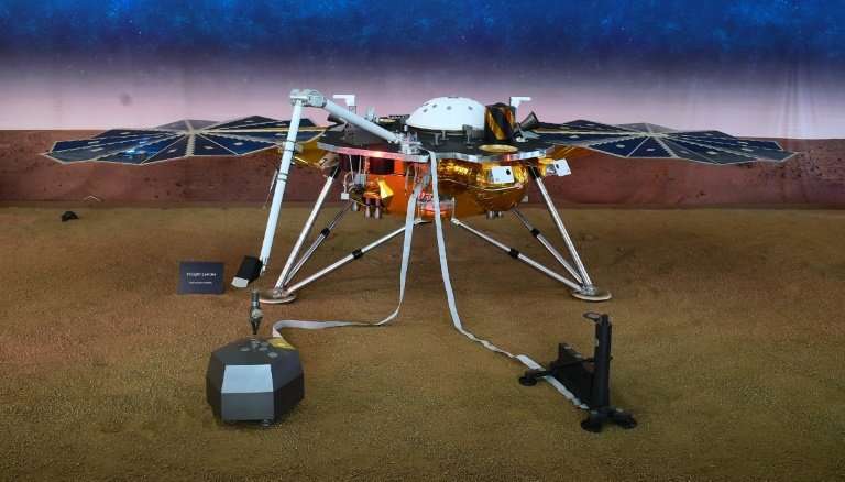 A replica of the Mars InSight lander at NASA's Jet Propulsion Laboratory in Pasadena, California, showing instruments used to st