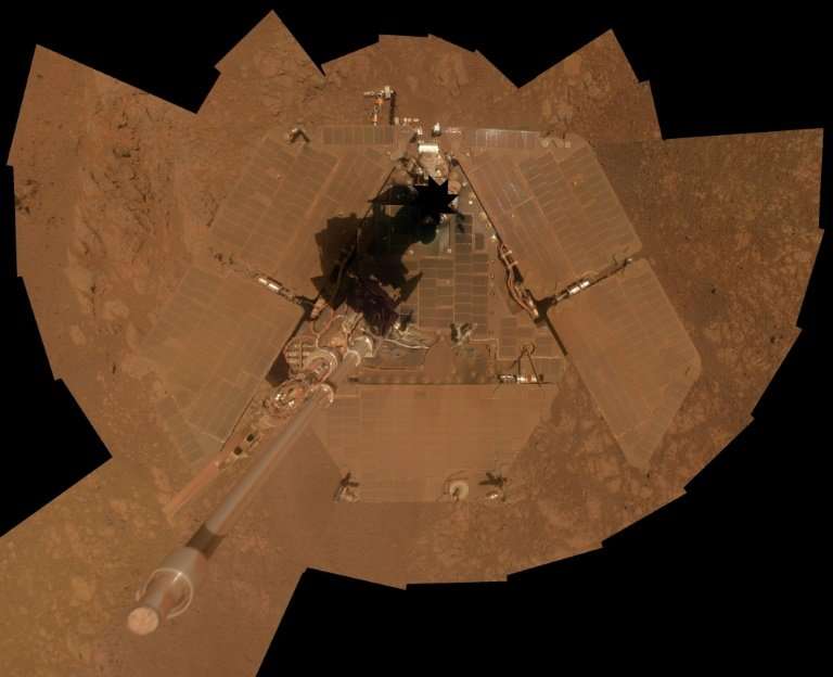A self-portrait by NASA's Mars Exploration Rover Opportunity, seen from above, released in January 2014