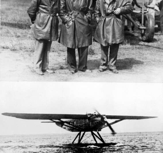 Aviators Jean Dabry (L), Leopold Gimie (R) and Jean Mermoz flew the first commercial crossing of the South Atlantic in May 1930