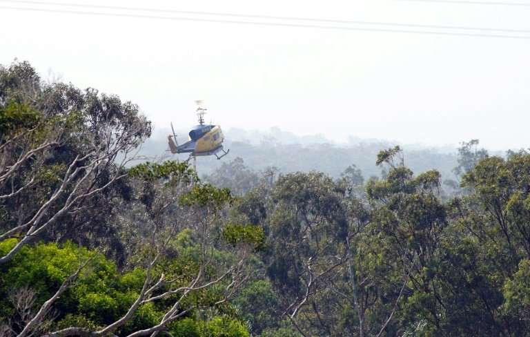 A water bomber helicopter returns to fill its tank in the Blackwater creek of Deepwater National Park area of Queensland