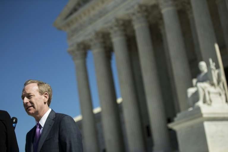 Brad Smith, President and Chief Legal Officer of Microsoft, is seen outside the Supreme Court ahead of arguments in a case over 