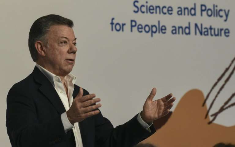 Colombian President Juan Manuel Santos delivers a speech during the opening of the sixth plenary session of the Intergovernmenta