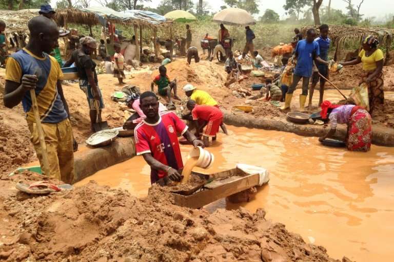 Gold miners at a site in the Cameroon town of Betare Oya sift through earth and water to find minerals