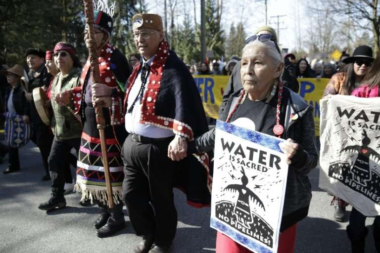 Harriet Prince (R), 76, of the Anishinaabe tribe marches with Coast Salish Water Protectors and others against the expansion of 
