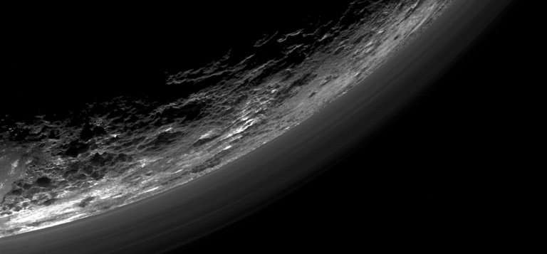 Haze layers above Pluto's limb, taken by the Ralph/Multispectral Visible Imaging Camera (MVIC) on NASA's New Horizons spacecraft