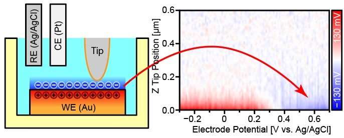 Imaging accumulated charges at solid-electrolyte interfaces