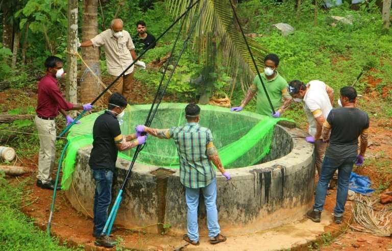 Indian authorities inspect a well to to catch bats suspected of carrying the Nipah virus