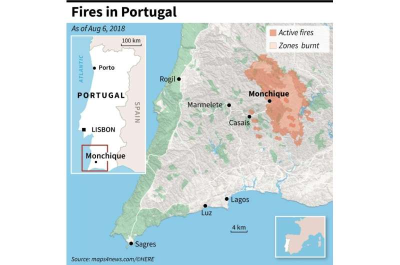 Map locating fires around Monchique in Portugal