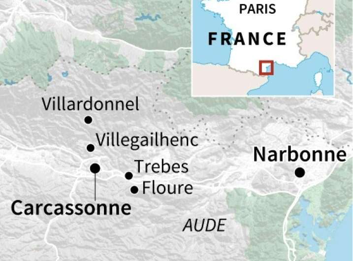 Map of southwestern France showing flood-hit areas