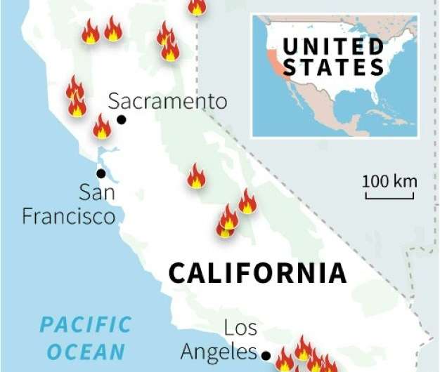 Map of the US state of California locating sites of major forest fires on July 29
