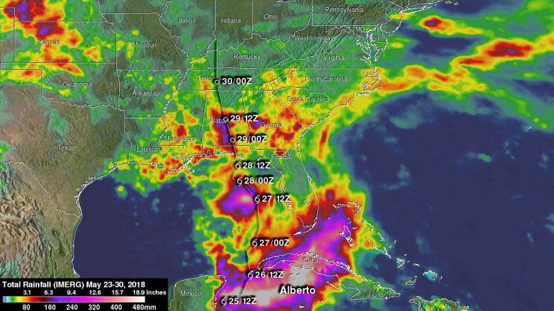 NASA adds up Alberto's soaking rainfall in the US Southeast and Tennessee Valley
