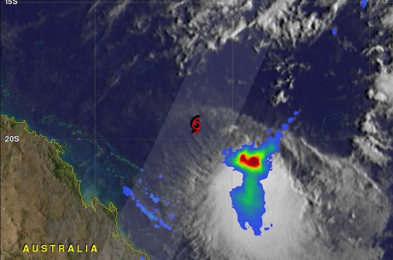 NASA's GPM shows rainfall southeast of sheared Tropical Cyclone Iris