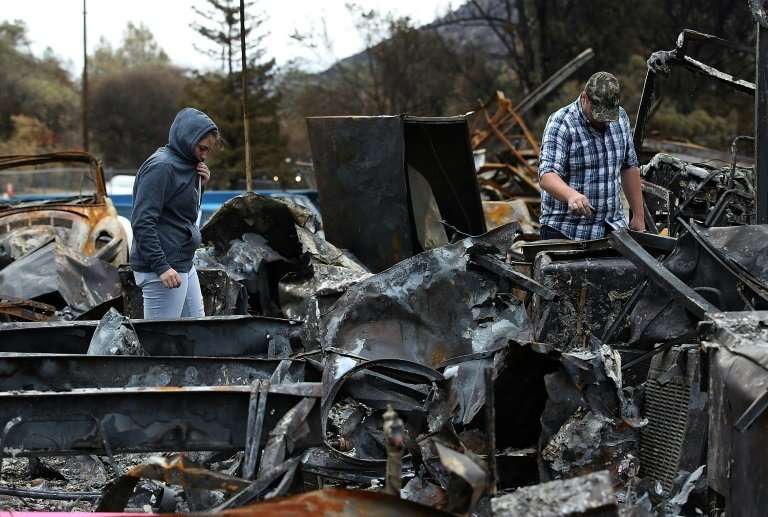 Noah Fisher (R) and Dusty Cope (L) look through the remains of their home that was destroyed by the Camp Fire in Paradise, Calif