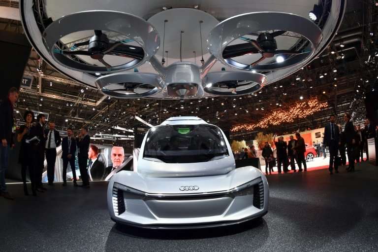 Pop.Up Next, a self-driving car and passenger drone by Audi, Italdesign and Airbus on display at the Geneva International Motor 