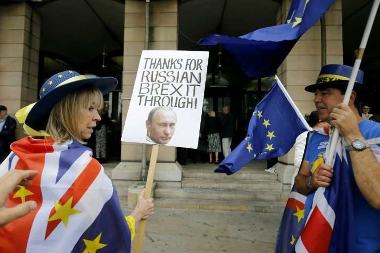 Pro-EU demonstrators outside a June 12 British parliamentary hearing on fake news and the Brexit vote