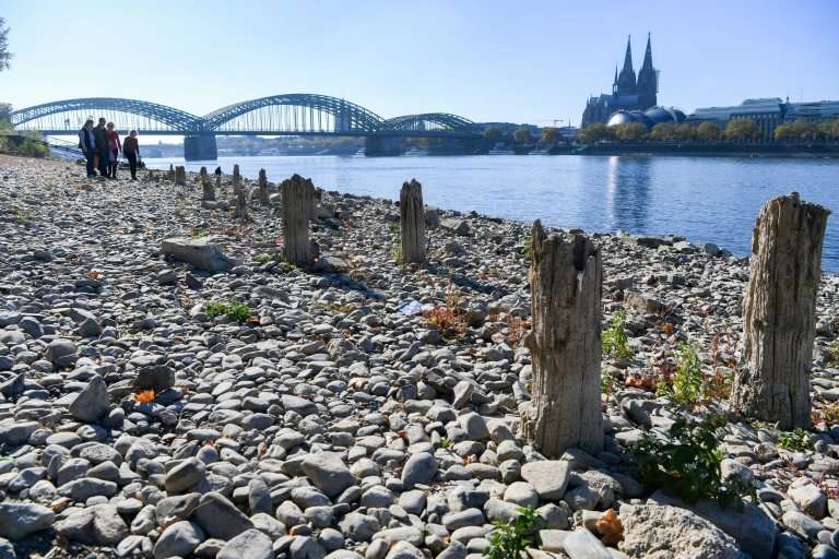 Record low water levels on the Rhine, seen here in the historic town of Colgone, have crippled transport along a key German wate
