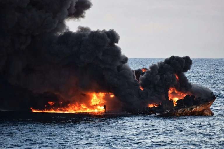 Smoke and flames were seen coming from the burning oil tanker &quot;Sanchi&quot; at sea off the coast of eastern China earlier t