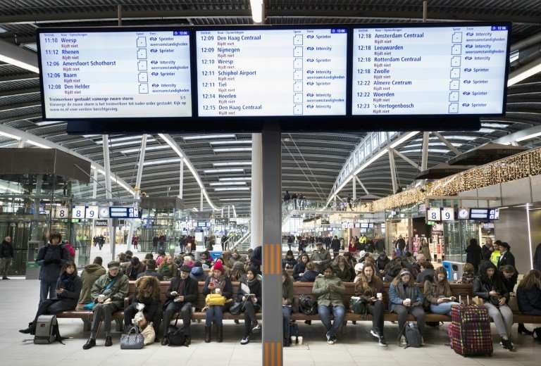 The Dutch national railway company, NS, announced that &quot;due to the storm all trains are halted until further notice&quot; a