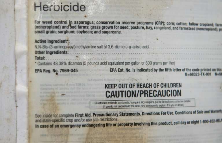 The label of the herbicide Engenia shows the presence of Dicamba as one of its ingredients