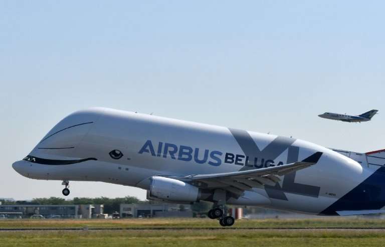 The new Beluga XL transporter from Airbus took its first test flight in Toulouse, southern France, on Thursday