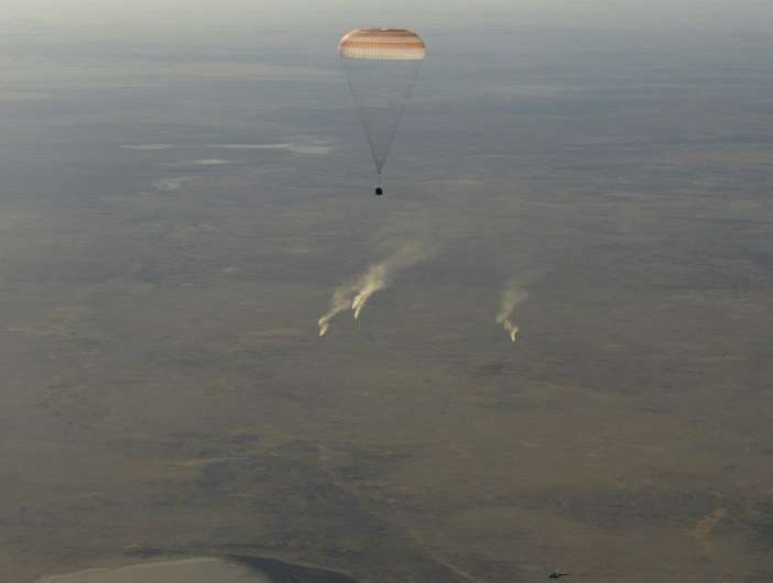 The Soyuz MS-08 space capsule carrying the International Space Station (ISS) crew of NASA astronauts Andrew Feustel and Richard 