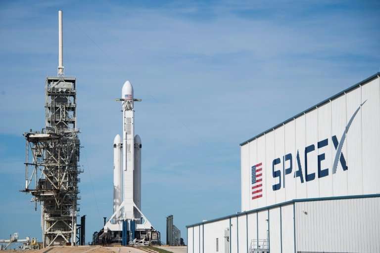 The SpaceX Falcon Heavy sits on Pad 39A at the Kennedy Space Center in Florida ahead of its expected launch