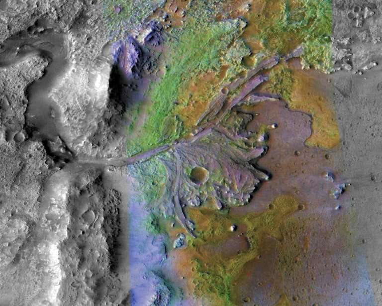 This NASA file image released on November 19, 2018 shows the Jezero Crater delta on Mars