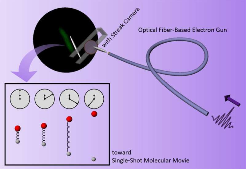 Ultrafast optical fiber-based electron gun to reveal atomic motions