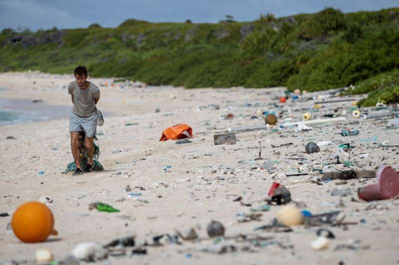 A beach clean-up team member collecting rubbish on Henderson Island